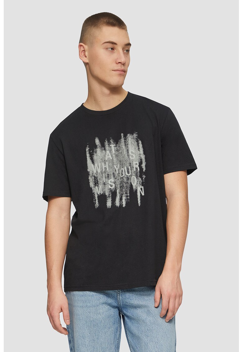 Tricou cu decolteu la baza gatului si model grafic - Negru/Gri