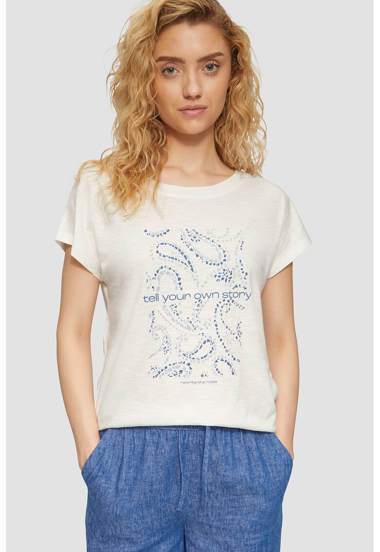 Tricou cu decolteu la baza gatului si model grafic - Alb/Albastru prafuit/Albastru lavanda