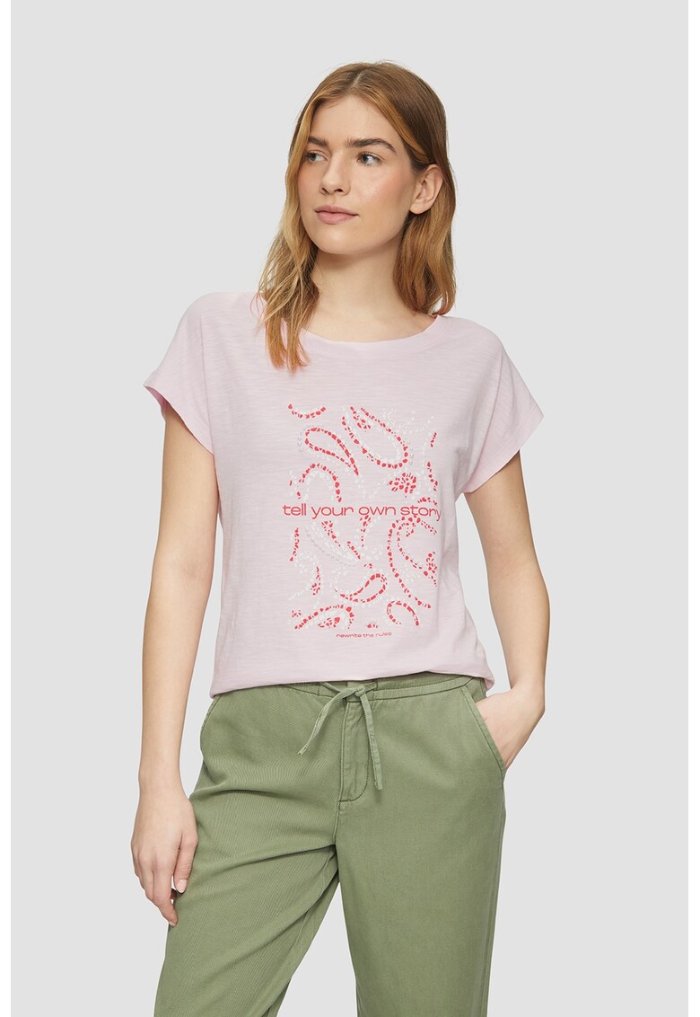 Tricou cu decolteu la baza gatului si model grafic - Alb/Roz aprins/Roz pastel