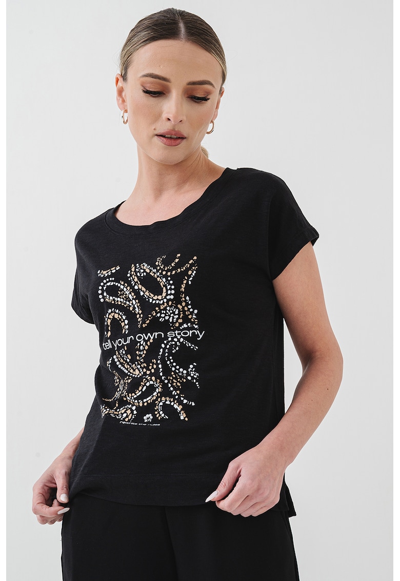 Tricou cu decolteu la baza gatului si model grafic - Negru/Maro deschis