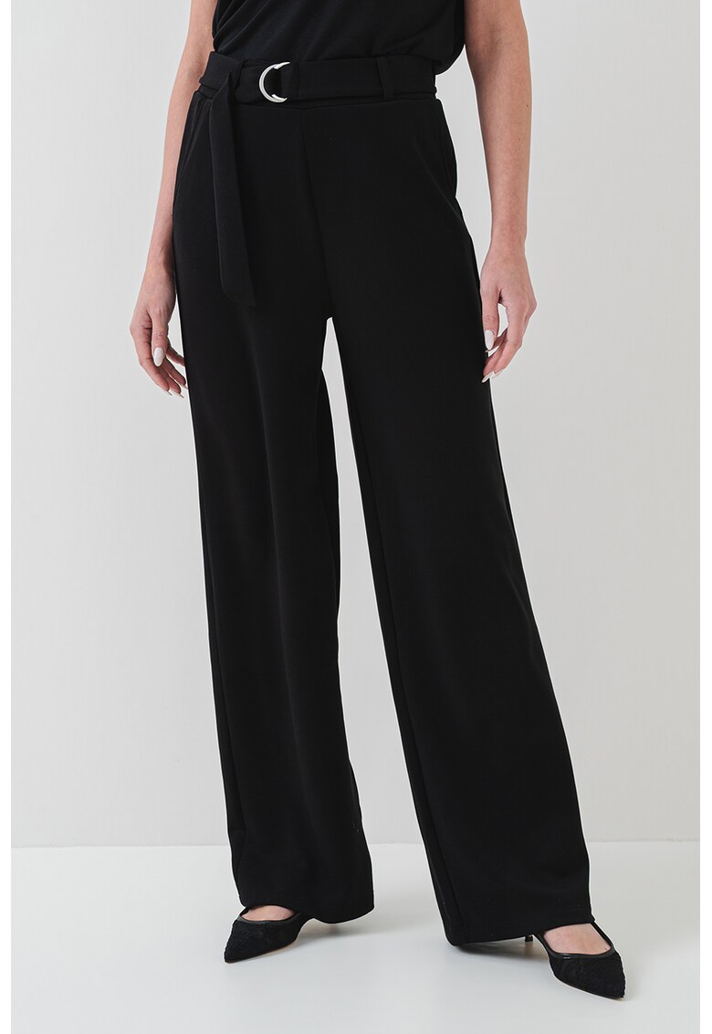 Pantaloni din amestec de modal - croiala ampla - talie inalta si o curea - Negru