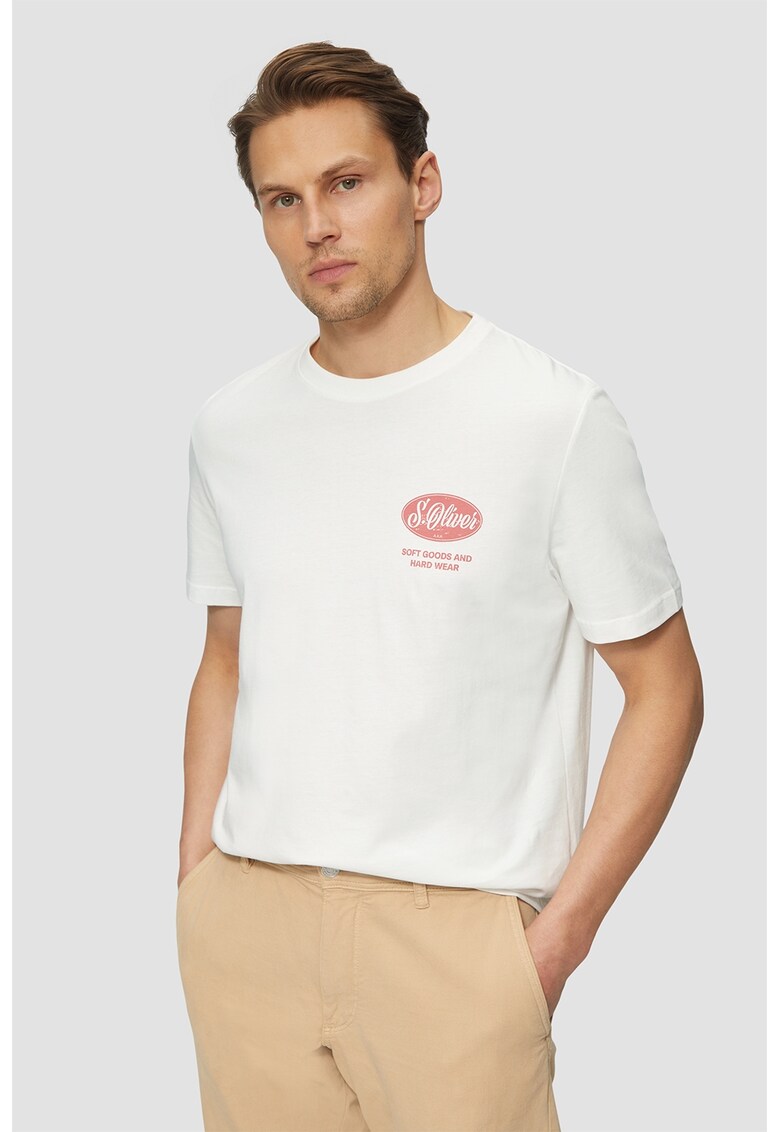 Tricou cu decolteu la baza gatului si imprimeu logo - Alb