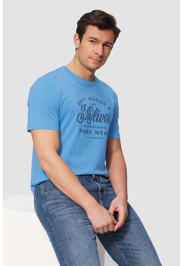 Tricou cu decolteu la baza gatului si imprimeu logo - Albastru ultramarin/Albastru deschis