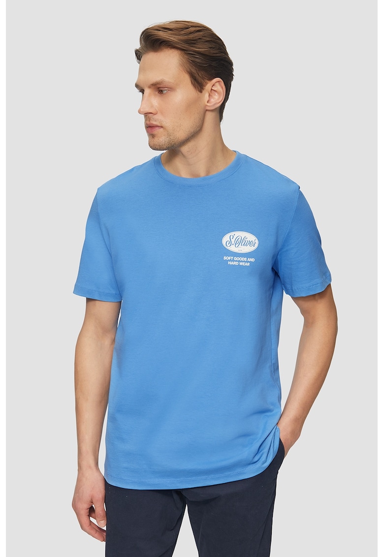 Tricou cu decolteu la baza gatului si imprimeu logo - Albastru deschis