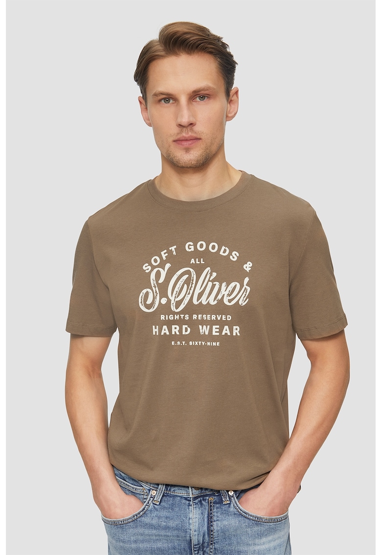 Tricou cu decolteu la baza gatului si imprimeu logo - Alb/Albastru deschis