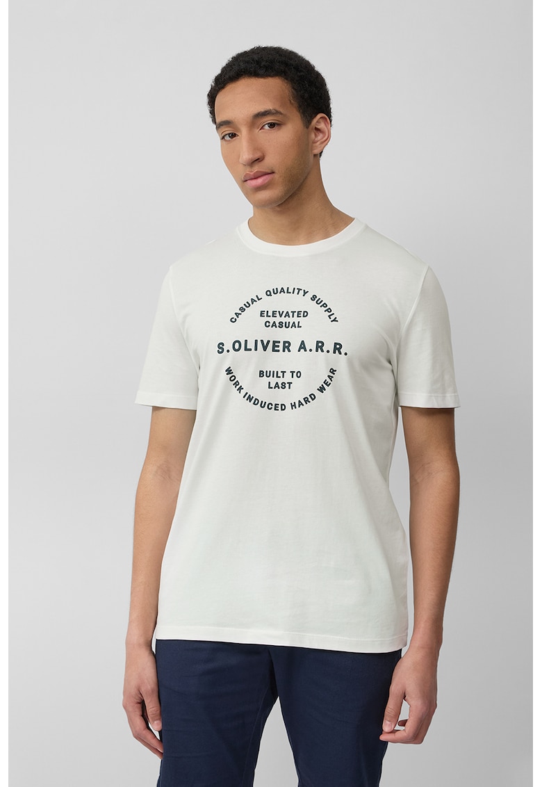 Tricou cu decolteu la baza gatului si imprimeu text - Alb murdar