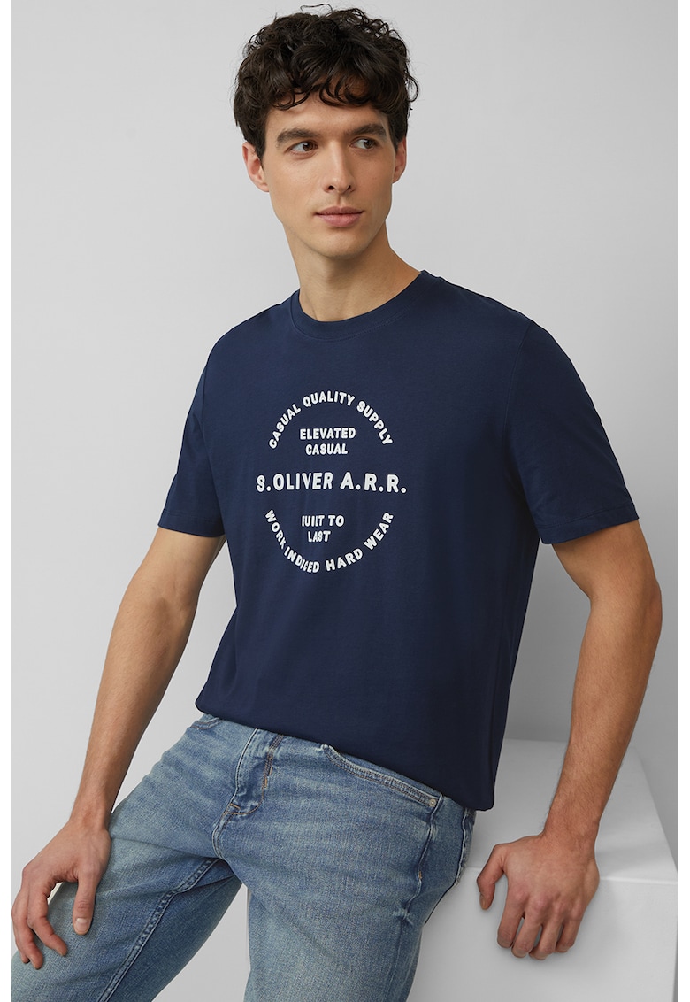 Tricou cu decolteu la baza gatului si imprimeu text - Bleumarin