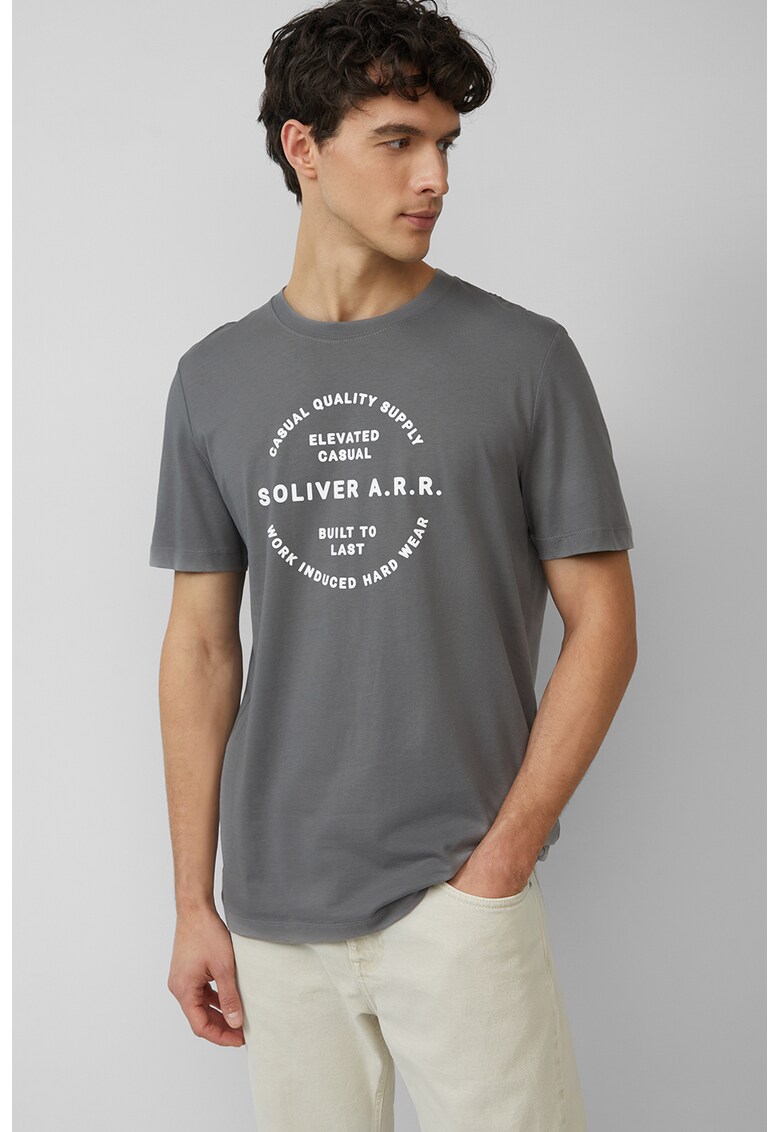 Tricou cu decolteu la baza gatului si imprimeu text - Alb/Gri inchis