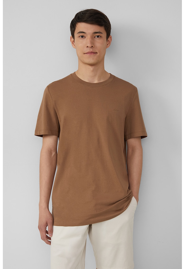 Tricou de bumbac cu decolteu la baza gatului - Maro deschis