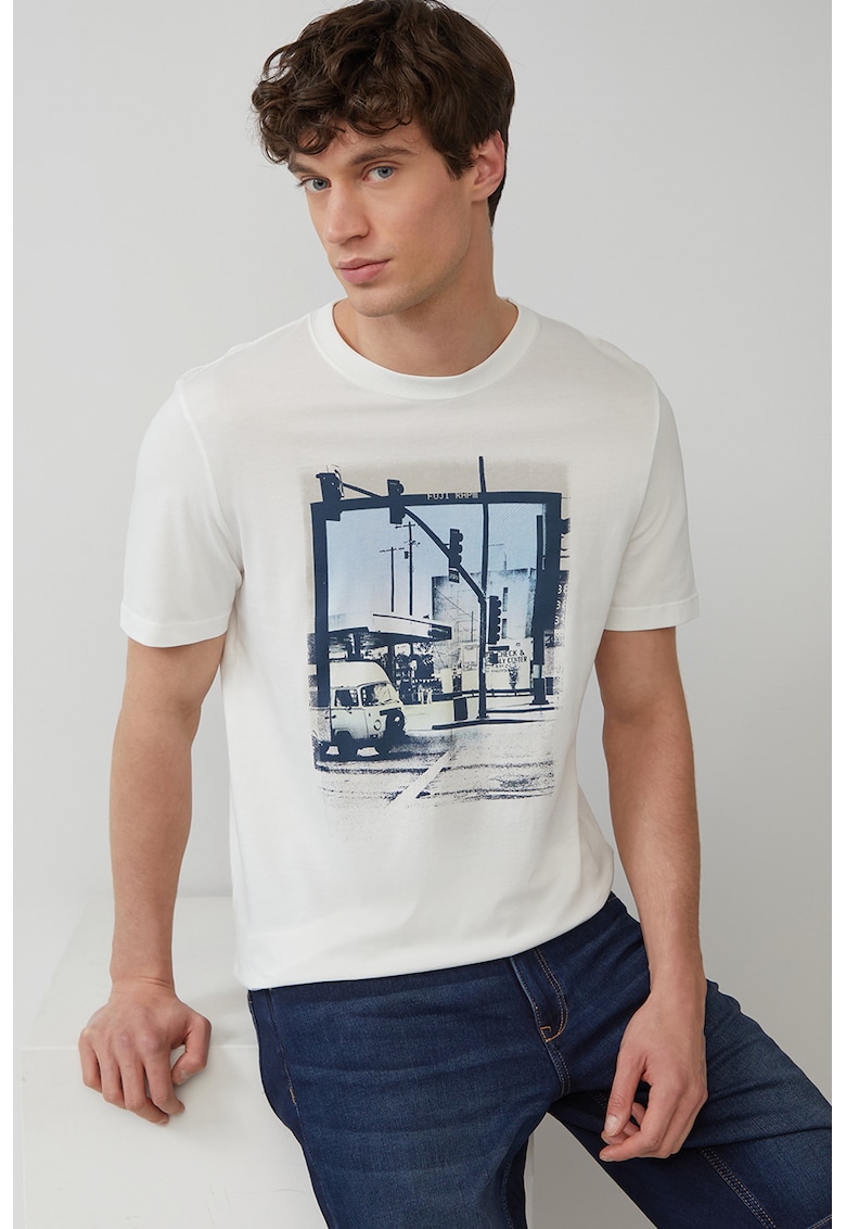 Tricou cu imprimeu grafic - Alb murdar/Bleumarin