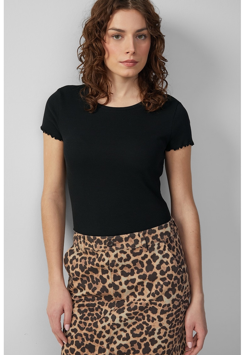 Tricou din amestec de bumbac cu decolteu la baza gatului - Negru