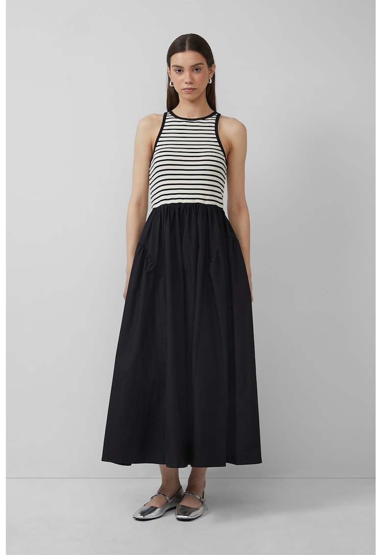 Rochie evazata cu decolteu rotund - Alb fildes/Negru