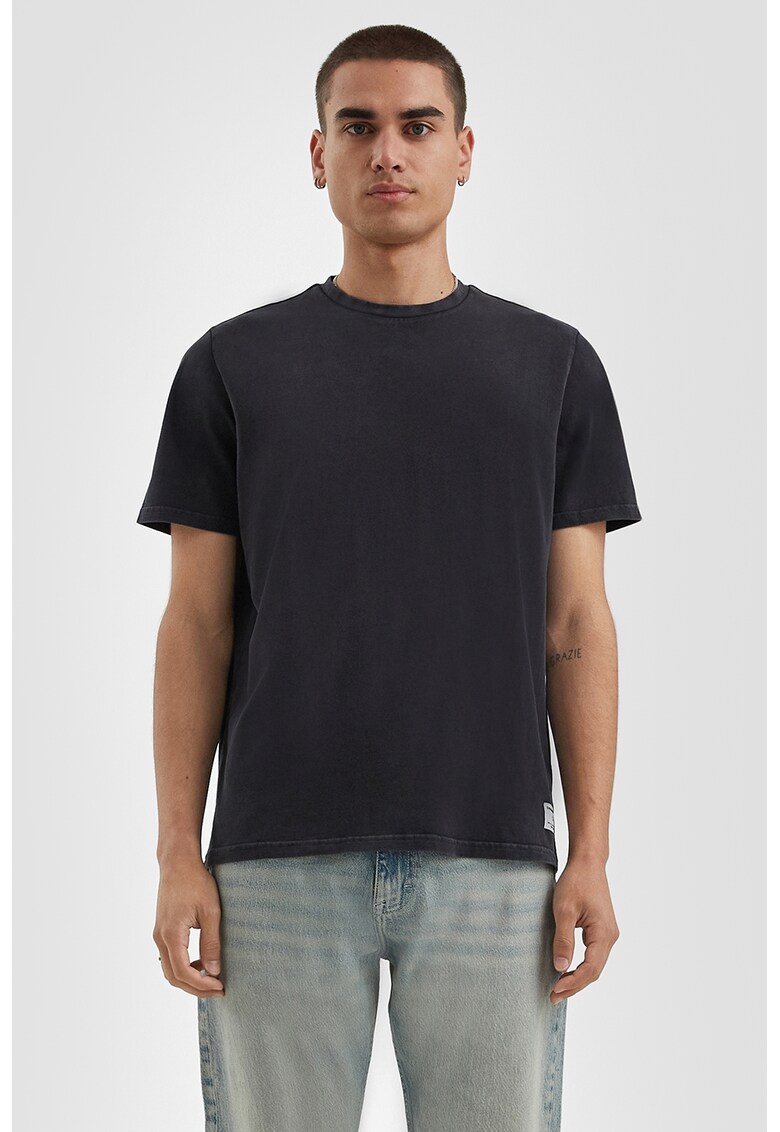 Tricou de bumbac cu decolteu la baza gatului - Negru stins