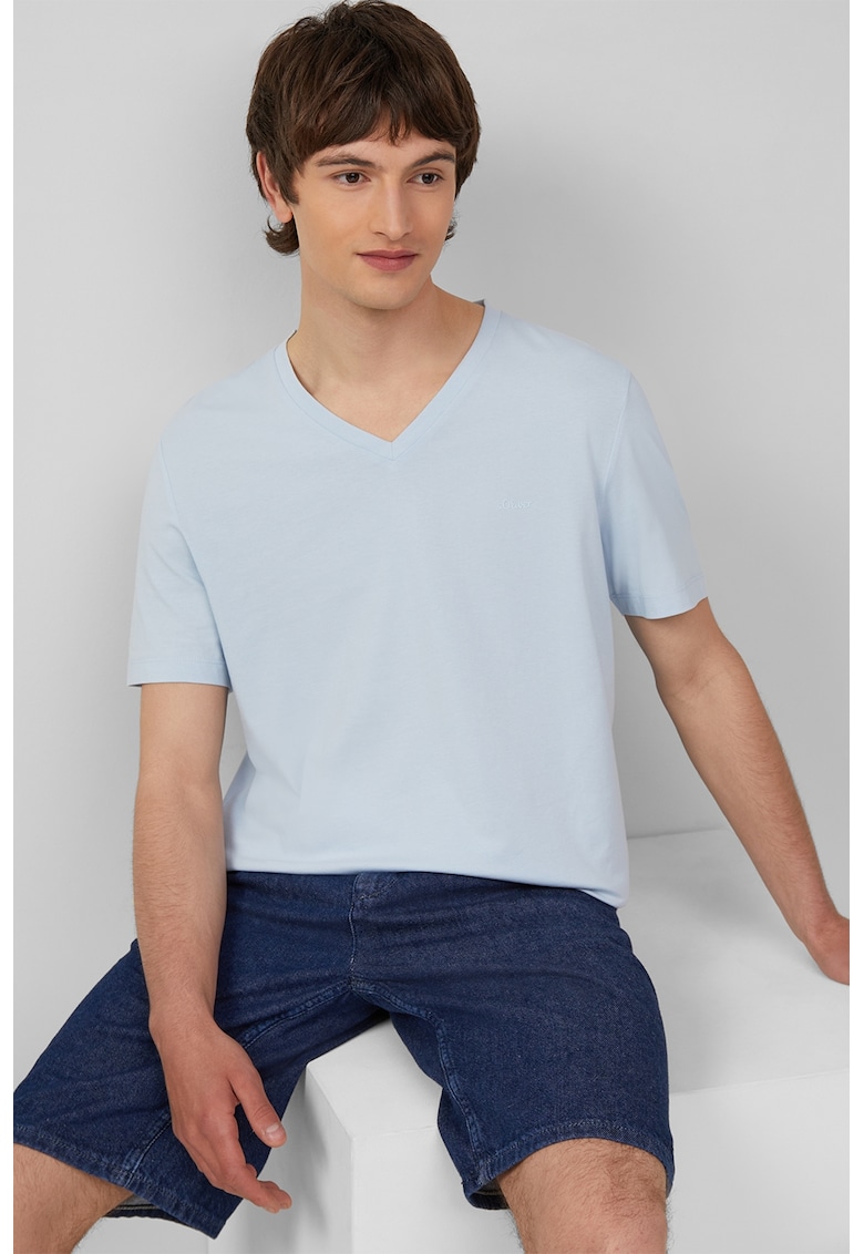 Tricou uni cu decolteu in V - Albastru glaciar