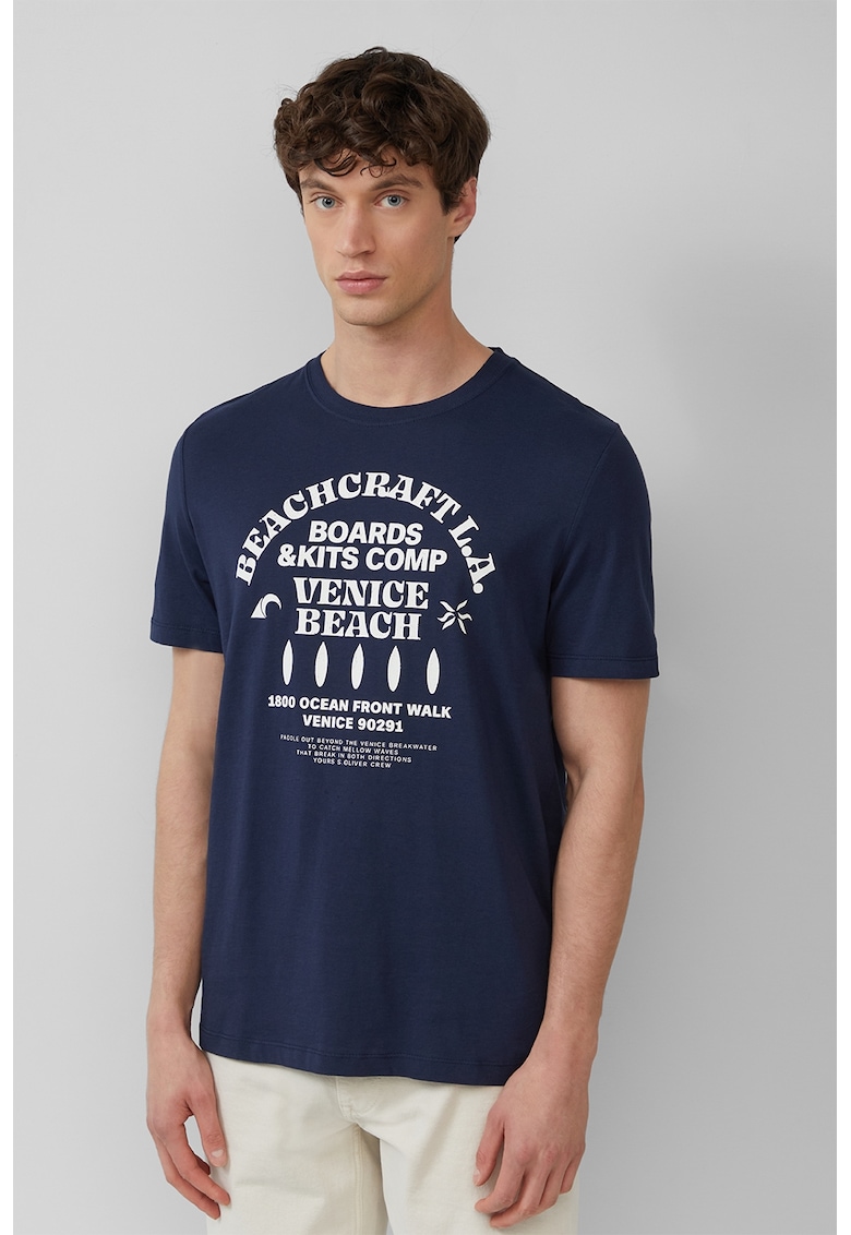 Tricou cu decolteu la baza gatului si imprimeu text - Alb/Albastru indigo