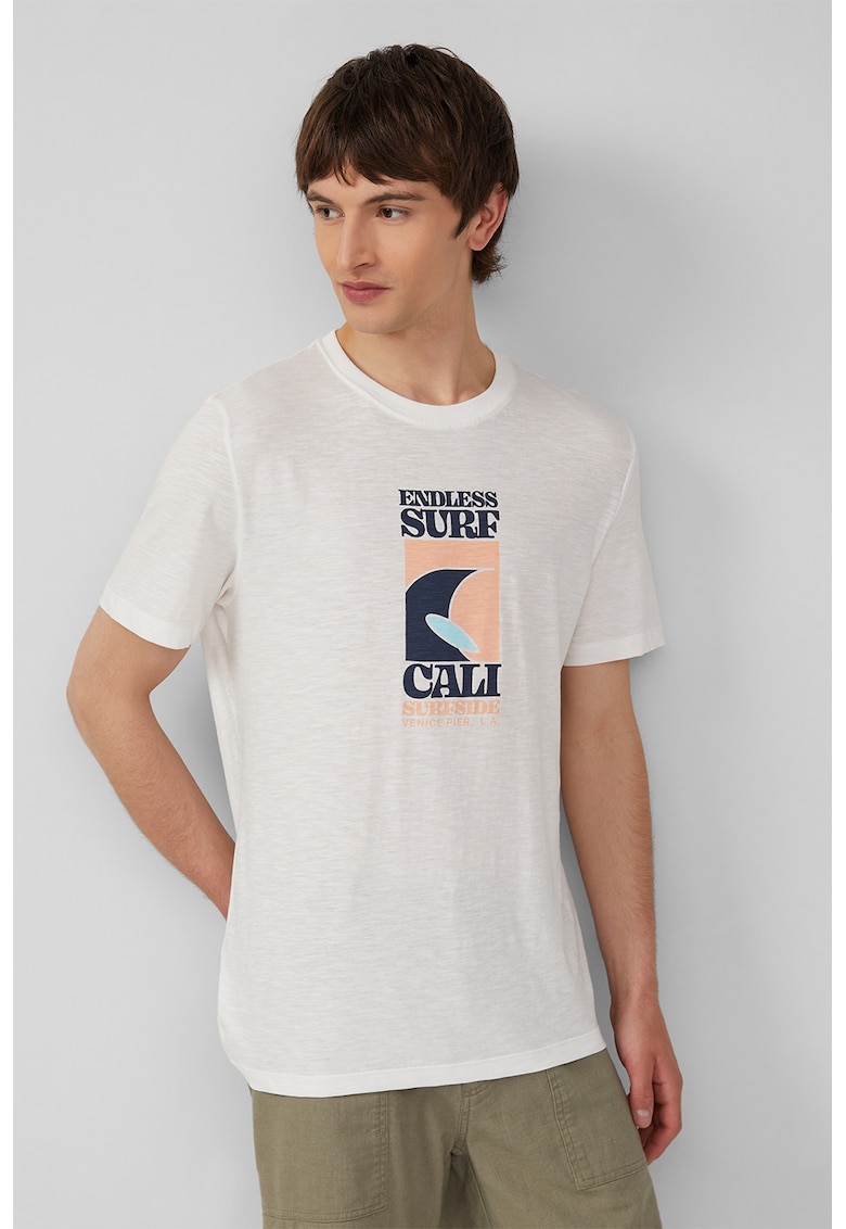 Tricou cu model grafic si imprimeu text - Alb/Piersica