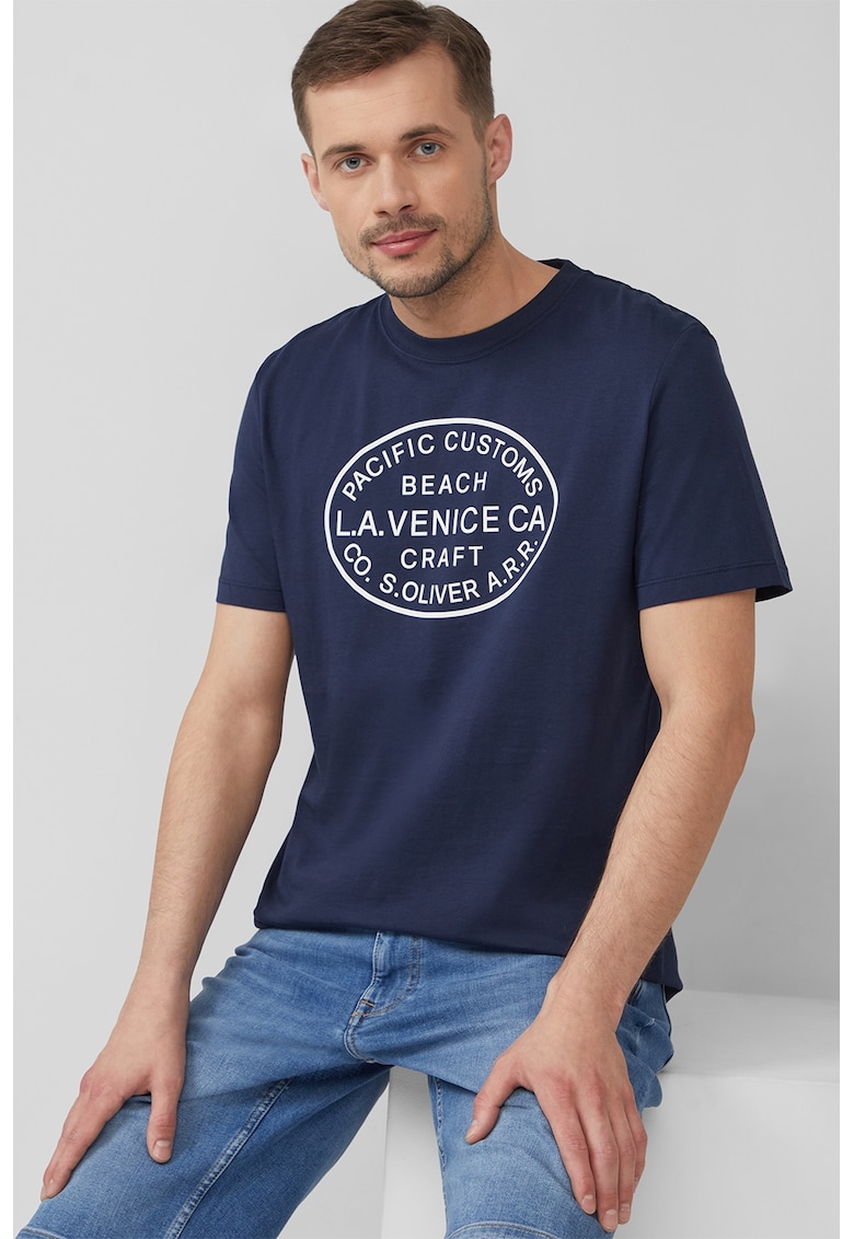 Tricou cu decolteu la baza gatului si imprimeu text - Albastru ultramarin/Alb murdar