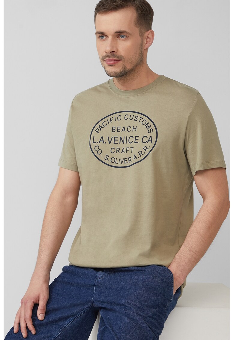 Tricou cu decolteu la baza gatului si imprimeu text - Albastru ultramarin/Bej inchis