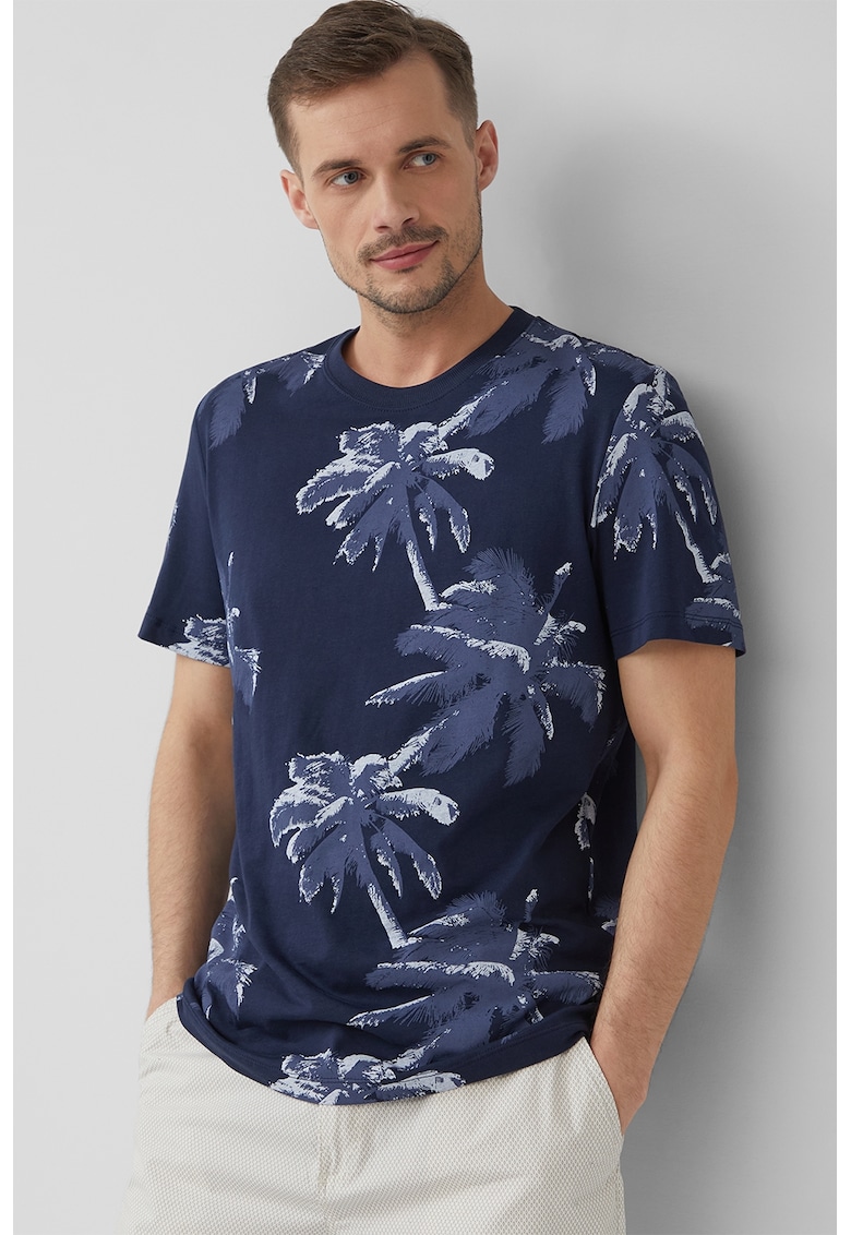 Tricou cu decolteu la baza gatului si model tropical