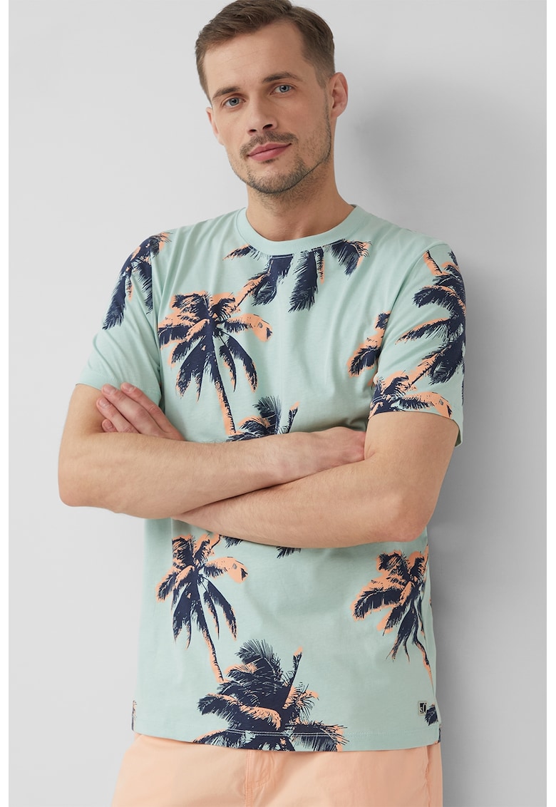 Tricou cu decolteu la baza gatului si model tropical
