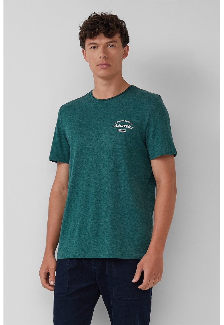 Tricou cu decolteu la baza gatului si imprimeu logo pe piept - Verde englez