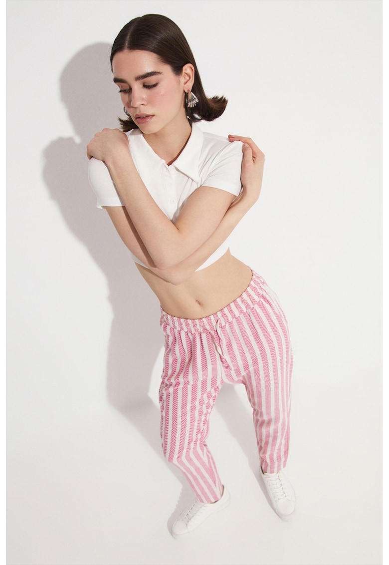 Pantaloni din bumbac cu model in dungi si snur de ajustare in talie