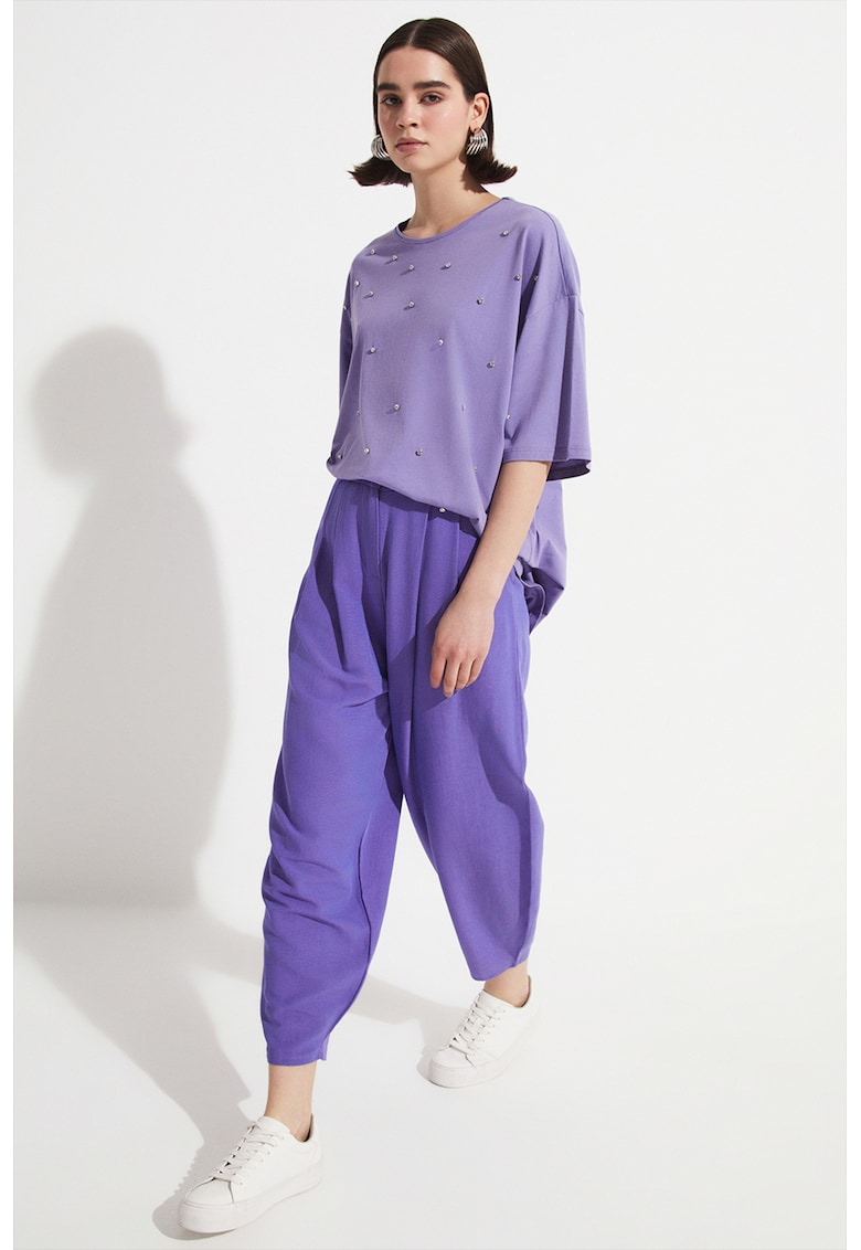 Pantaloni crop cu croiala balon din amestec de in