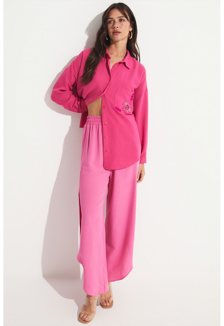 Pantaloni din bumbac cu croiala ampla si talie elastica