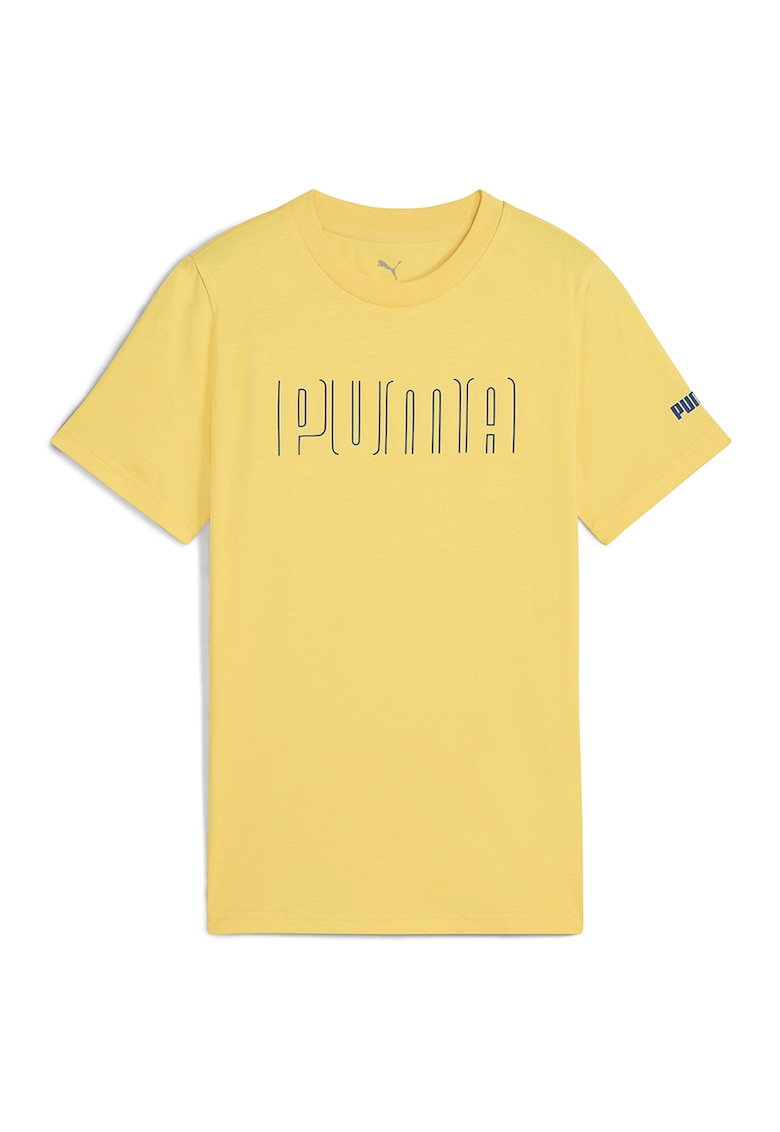 Tricou cu decolteu la baza gatului si imprimeu logo - Galben