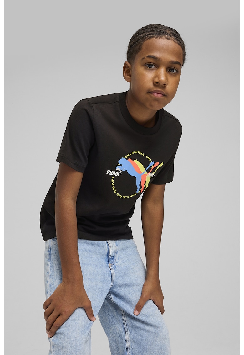 Tricou cu imprimeu logo si decolteu la baza gatului - Negru