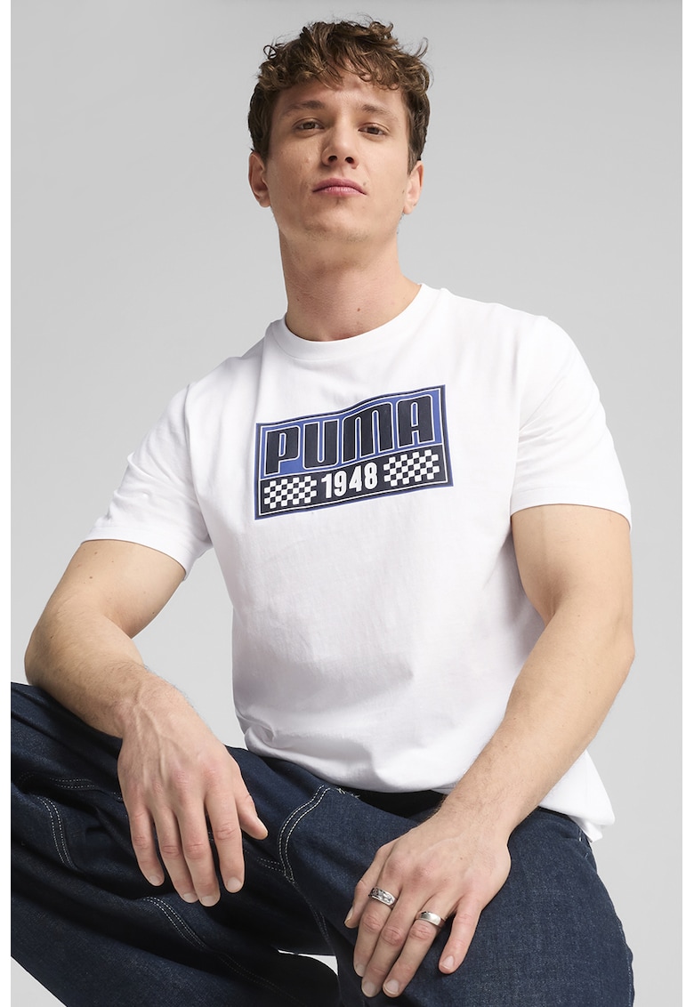 Tricou cu imprimeu si decolteu la baza gatului - Alb