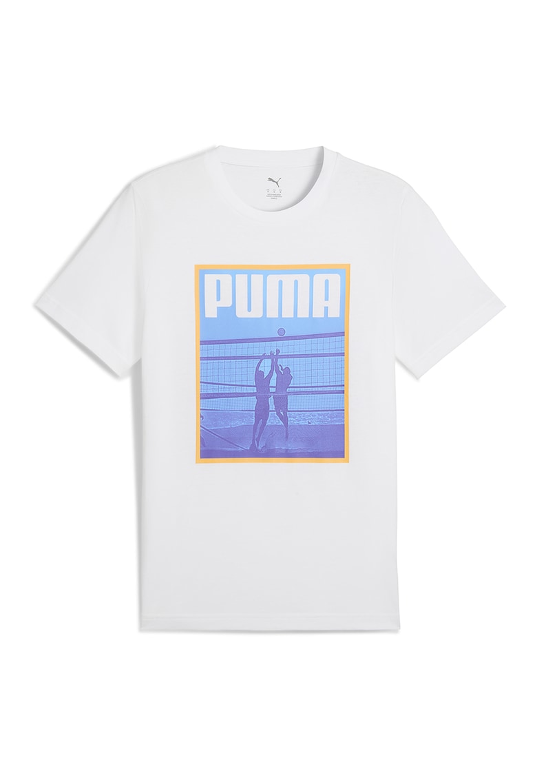 Tricou cu decolteu la baza gatului si imprimeu logo - Alb/Albastru