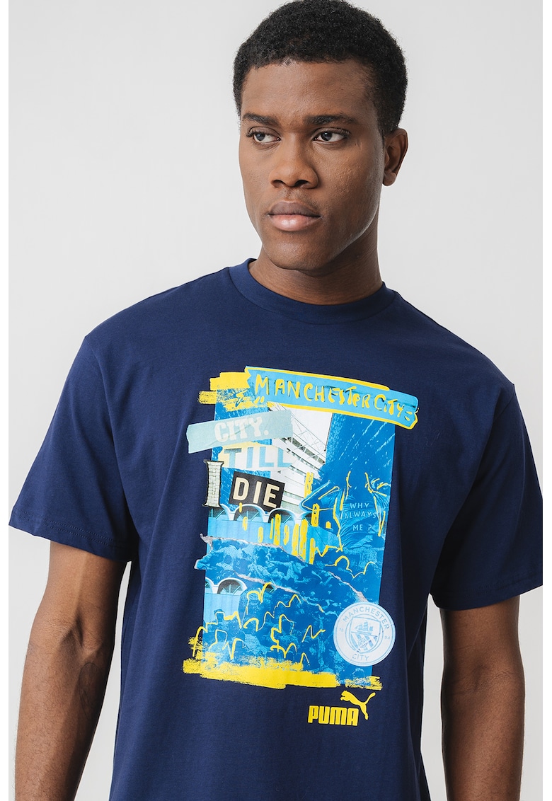 Tricou cu decolteu la baza gatului si imprimeu grafic - Negru/Galben/Bleumarin