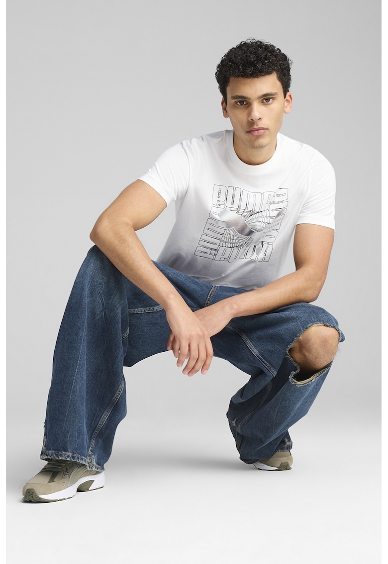 Tricou de bumbac cu decolteu la baza gatului - Alb/Negru/Argintiu