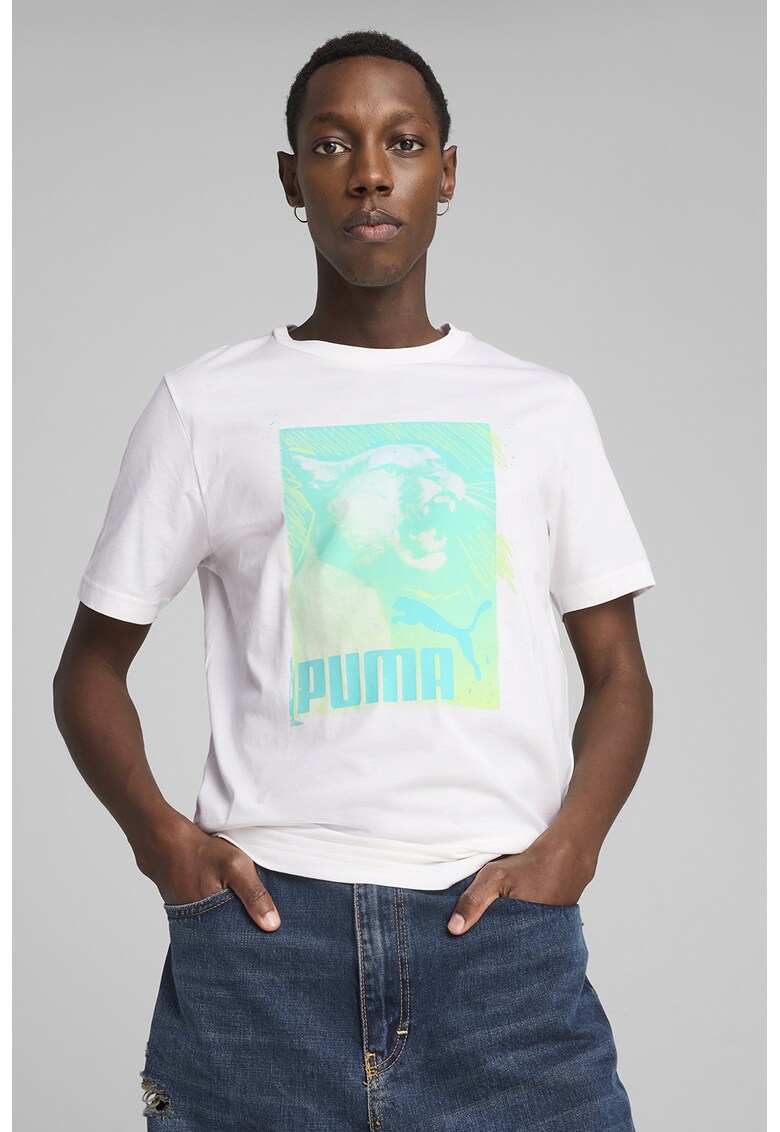 Tricou cu imprimeu logo - Alb/Turcoaz/Verde lime