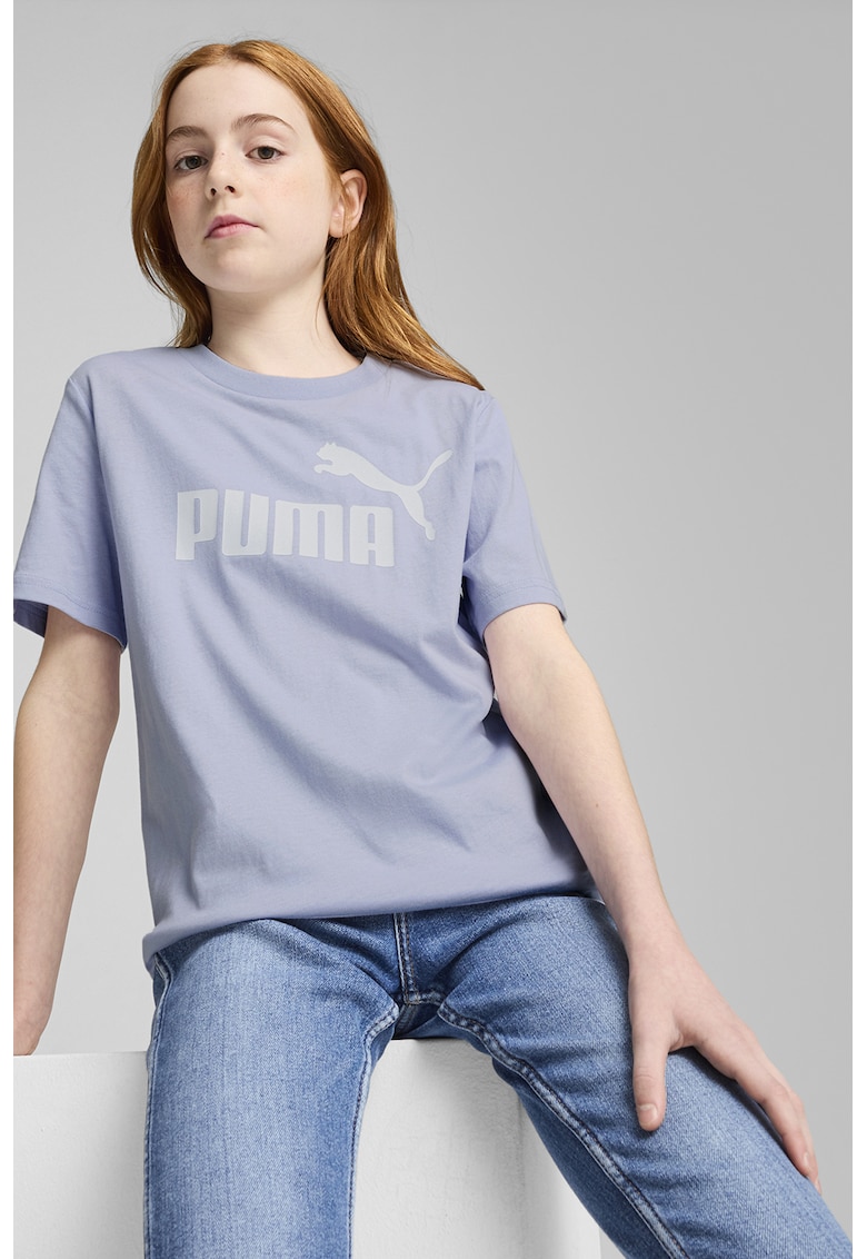 Tricou cu decolteu la baza gatului si imprimeu logo - Albastru pastel/Alb murdar