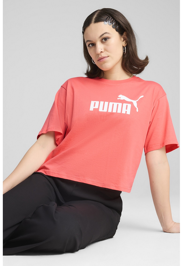 Tricou cu imprimeu logo si maneci cazute - Alb/Coral