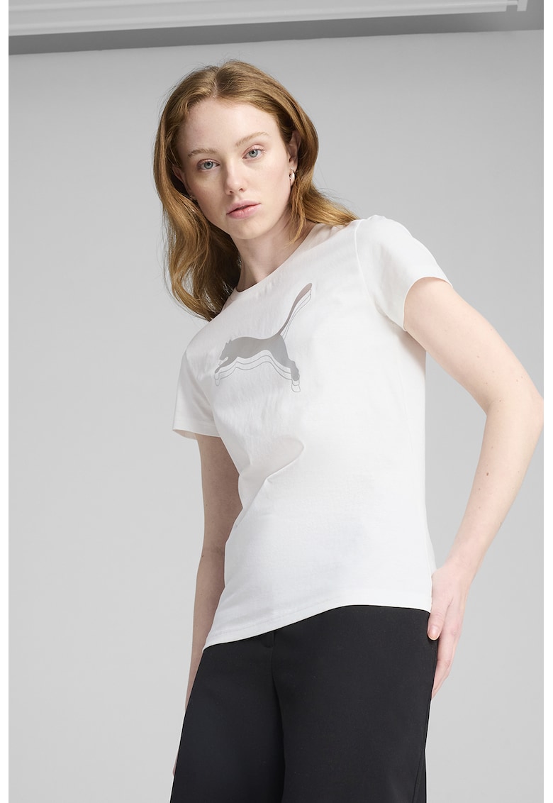 Tricou cu decolteu la baza gatului si imprimeu logo - Alb/Auriu