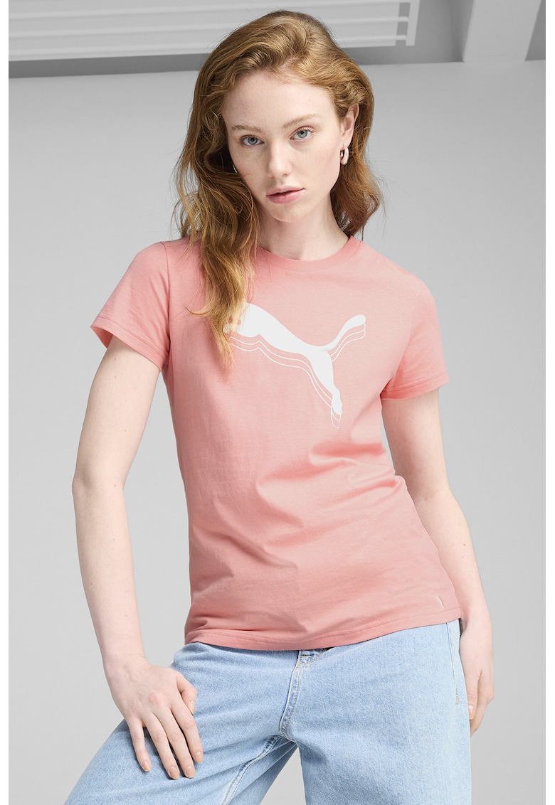 Tricou cu decolteu la baza gatului si imprimeu logo - Roz/Argintiu