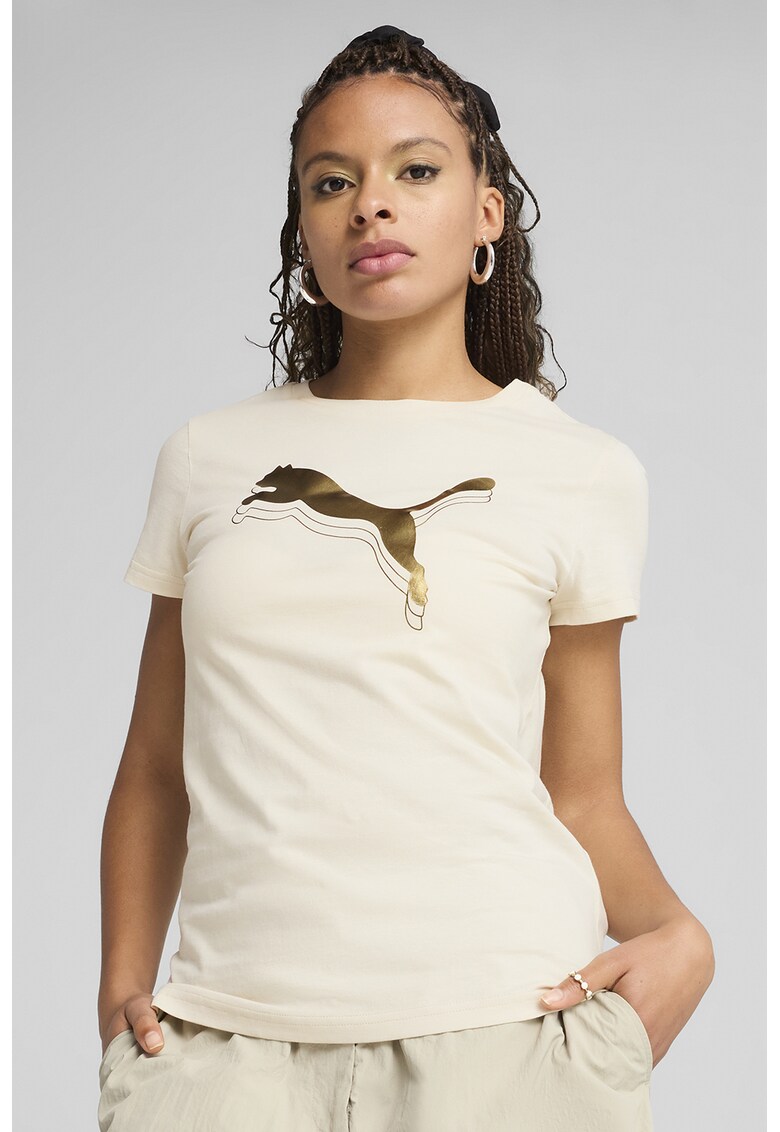 Tricou cu decolteu la baza gatului si imprimeu logo - Auriu/Crem