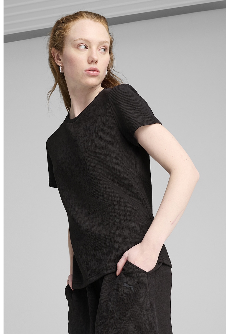 Tricou din amestec de bumbac cu decolteu la baza gatului - Negru