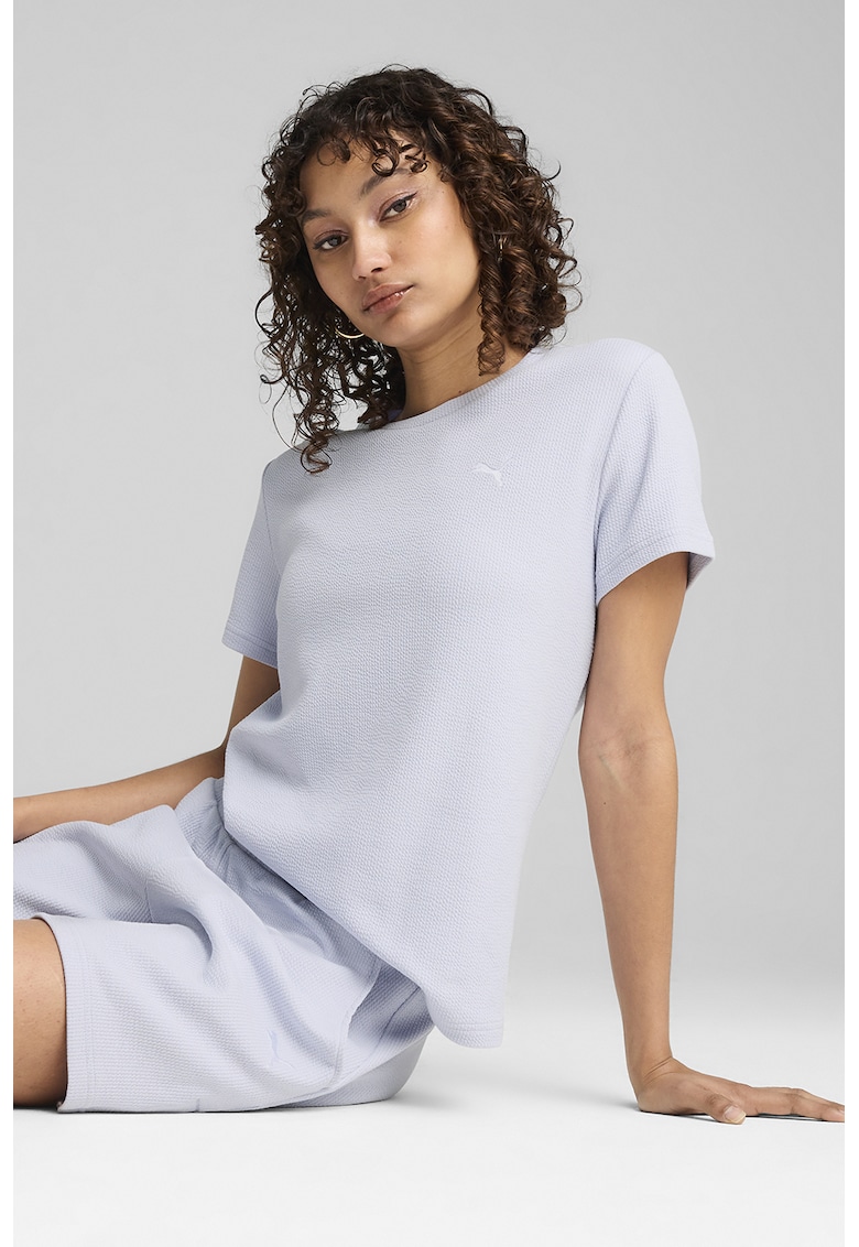 Tricou din amestec de bumbac cu decolteu la baza gatului - Albastru glaciar