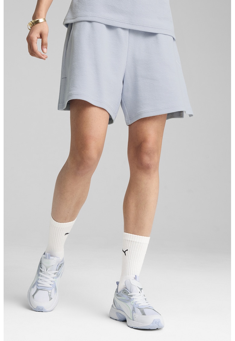 Pantaloni scurti tricotati fin cu buzunare laterale - Albastru glaciar