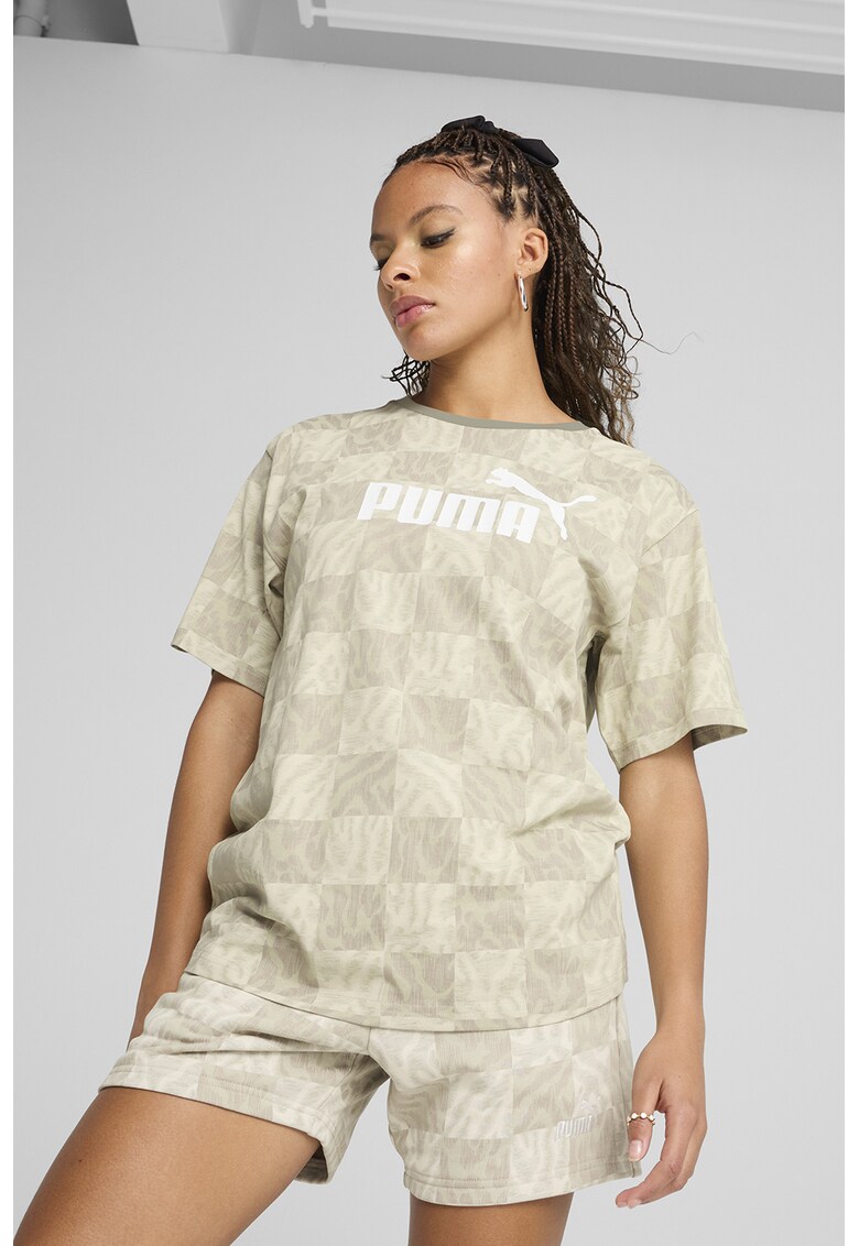 Tricou cu imprimeu logo si abstract - Bej deschis