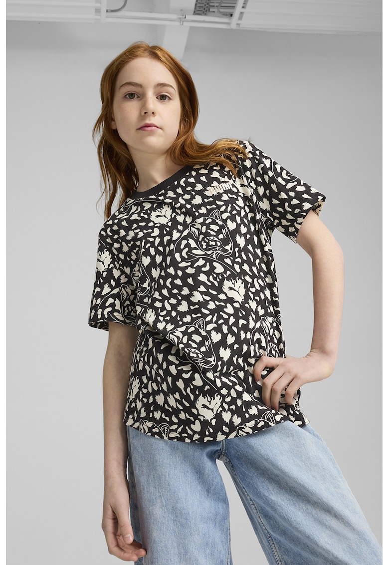 Tricou cu decolteu la baza gatului si imprimeu grafic - Negru/Crem