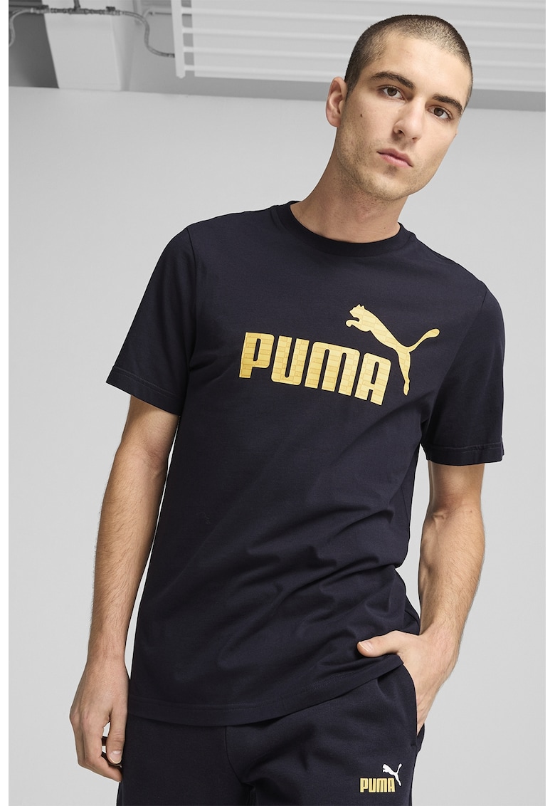 Tricou din bumbac cu decolteu la baza gatului si logo