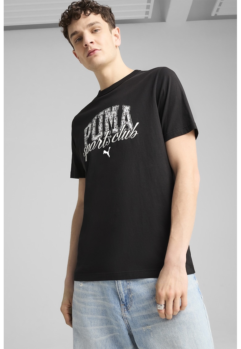 Tricou cu decolteu la baza gatului si imprimeu logo - Negru