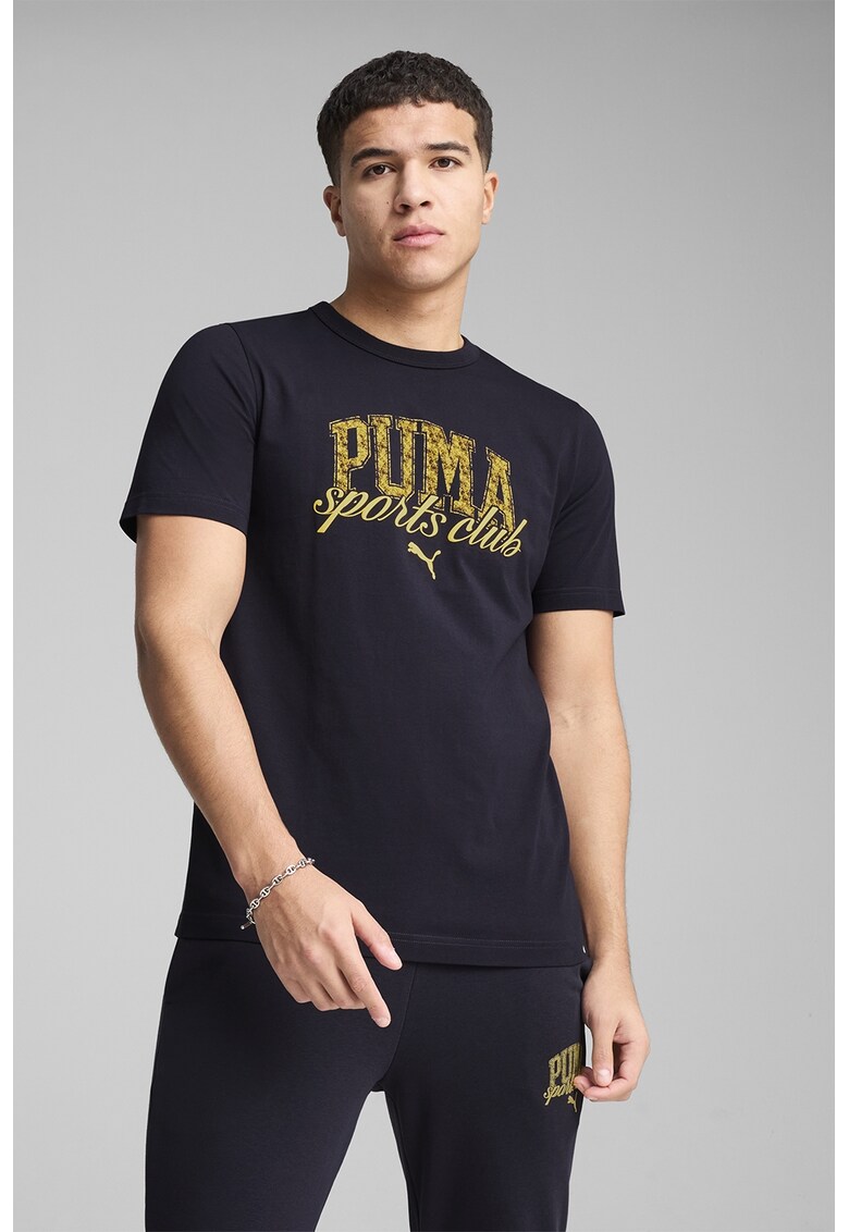 Tricou cu decolteu la baza gatului si imprimeu logo - Albastru ultramarin