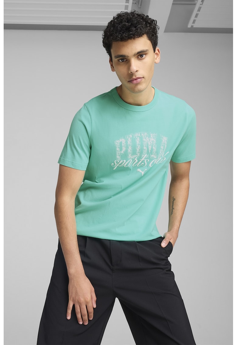Tricou cu decolteu la baza gatului si imprimeu logo - Turcoaz