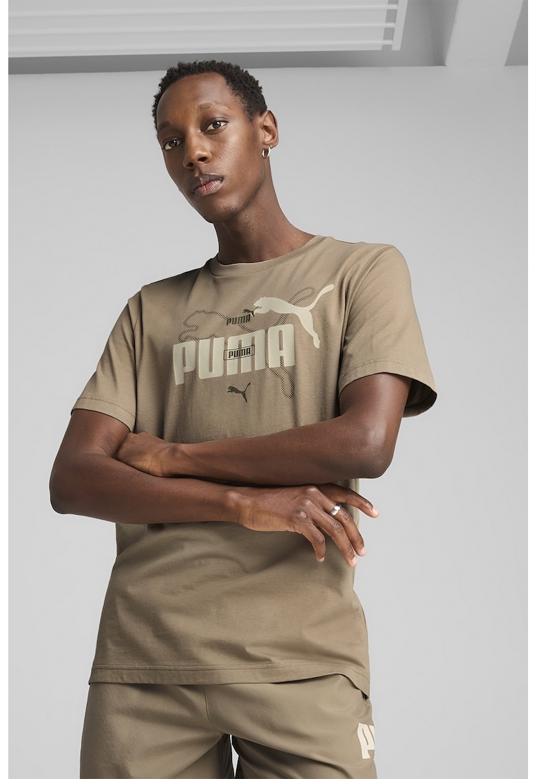 Tricou cu decolteu la baza gatului si imprimeu logo - Maro deschis